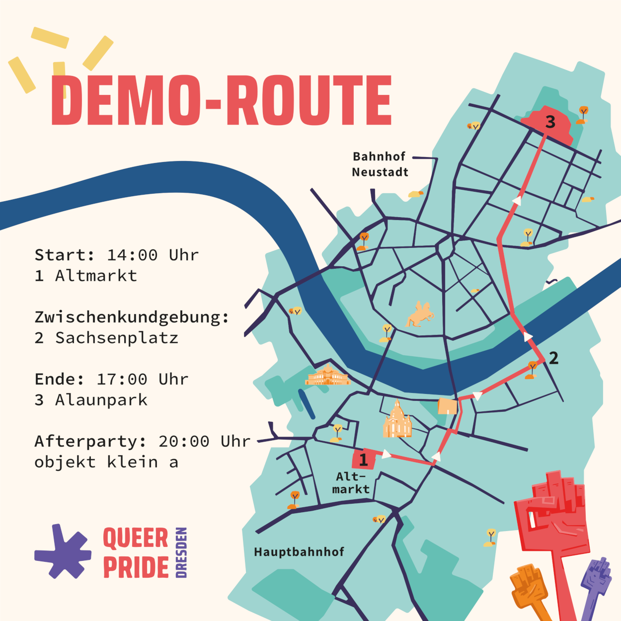 Demo-Route mit Karte von Dresden. Start: 14 Uhr Altmarkt, Zwischenkundgebung: Sachsenplatz, Ende: 17 Uhr Alaunpark, Afterparty 20 Uhr objekt klein a.